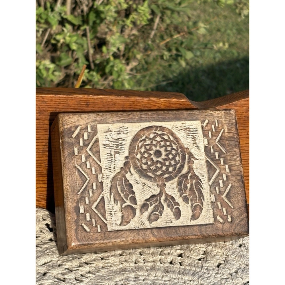 Dream Catcher Native Design Handcrafted Wooden Trinket Jewelry Box 7.25 X 5"